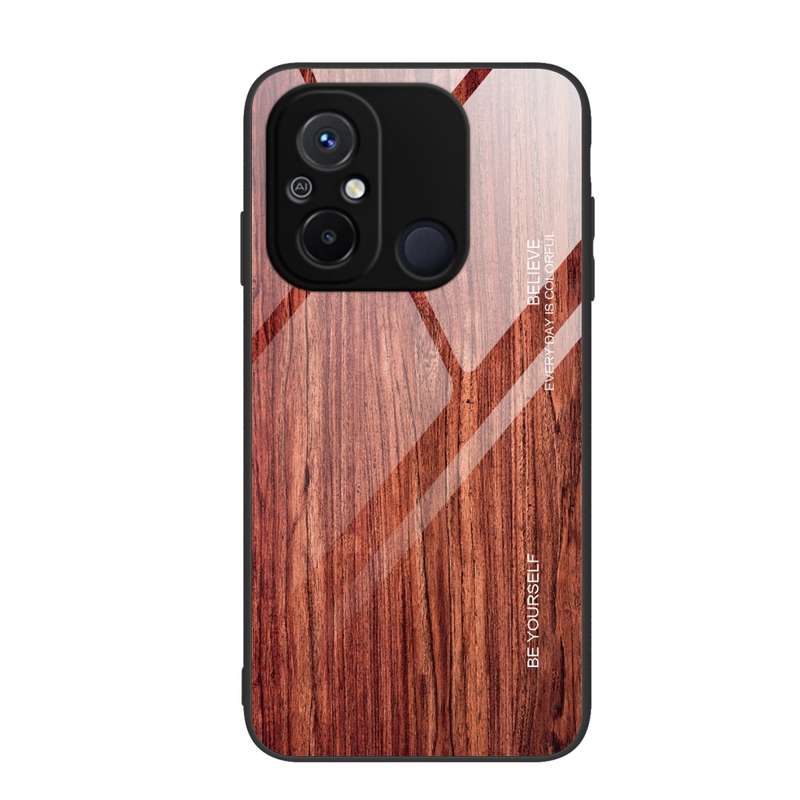 For Xiaomi Redmi 12C Wood Grain Glass Phone Case(Black)