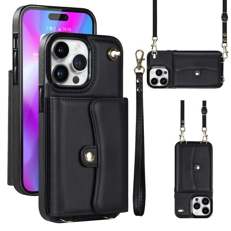 For iPhone 14 Pro Max RFID Card Slot Phone Case with Long Lanyard(Brown)