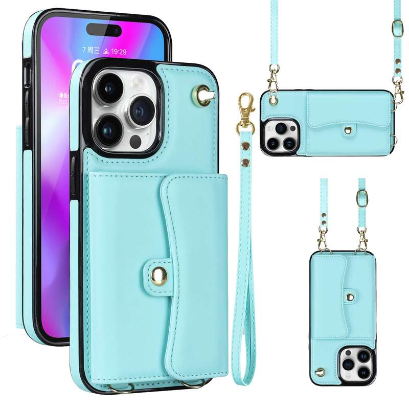 For iPhone 14 Pro Max RFID Card Slot Phone Case with Long Lanyard(Brown)