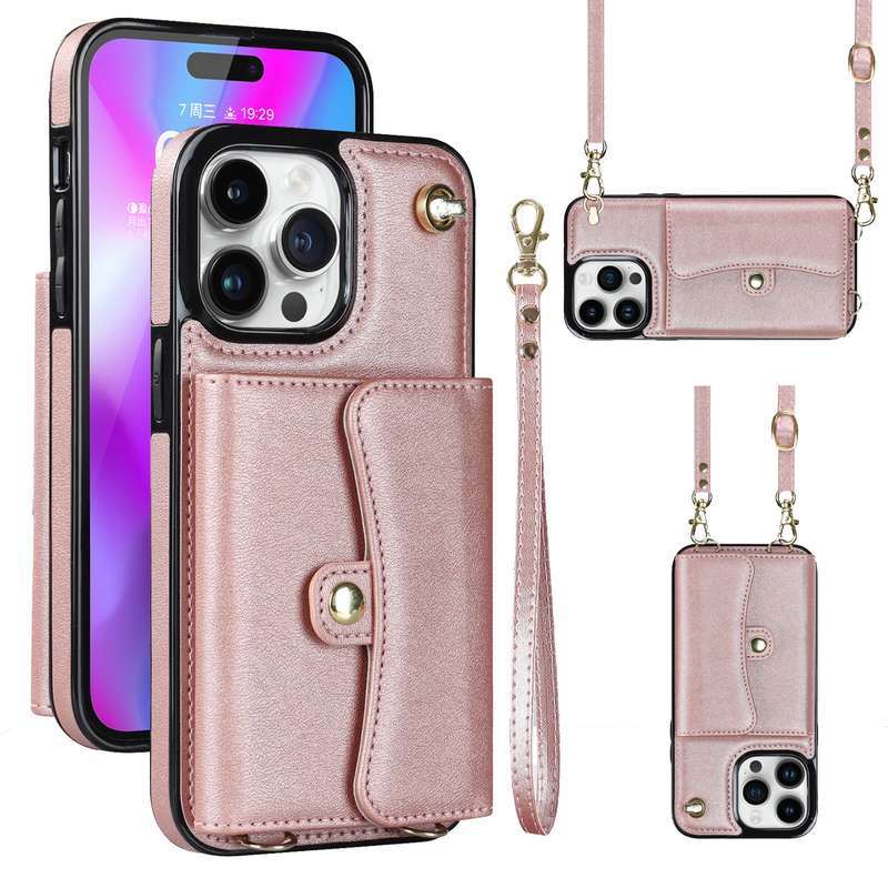 For iPhone 14 Pro Max RFID Card Slot Phone Case with Long Lanyard(Brown)