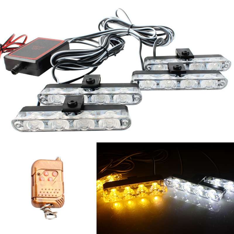 4 in 1 Car 16LEDs Grille Flash Lights Warning Lights with Wireless Remote Control(White Yellow)