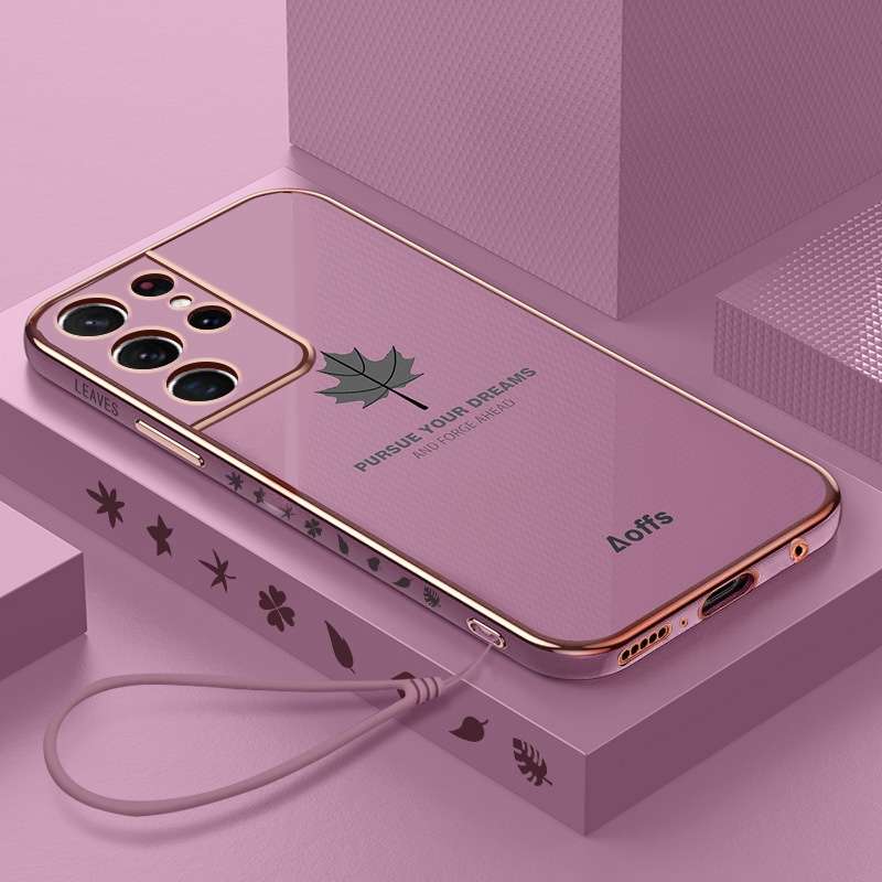 For Samsung Galaxy S23 Ultra 5G 9D Plating Maple Leaf Silicone Phone Case with Strap(Smoke Purple)