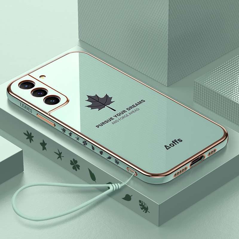 For Samsung Galaxy S22 5G 9D Plating Maple Leaf Silicone Phone Case with Strap(Black)