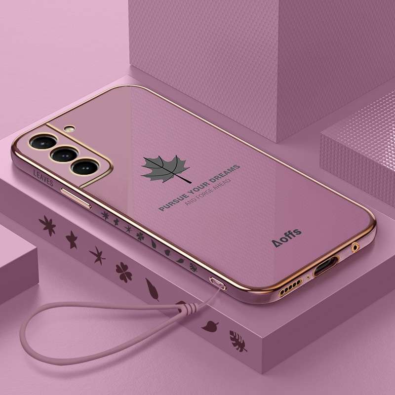 For Samsung Galaxy S22 5G 9D Plating Maple Leaf Silicone Phone Case with Strap(Black)