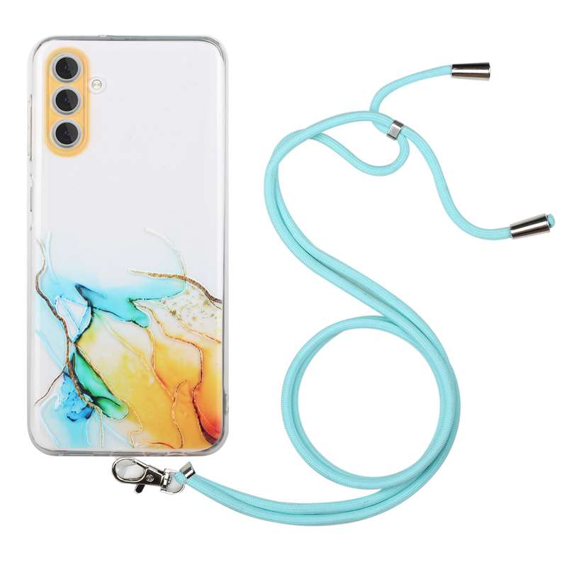 For Samsung Galaxy A54 5G Hollow Marble Pattern TPU Shockproof Phone Case with Neck Strap Rope(Yello