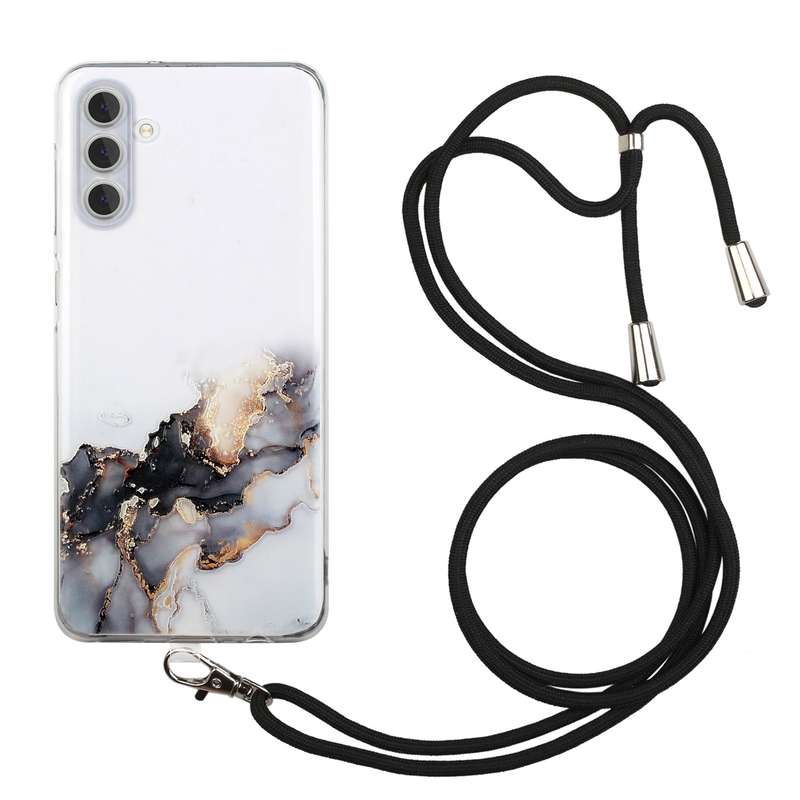 For Samsung Galaxy A34 5G Hollow Marble Pattern TPU Shockproof Phone Case with Neck Strap Rope(Black