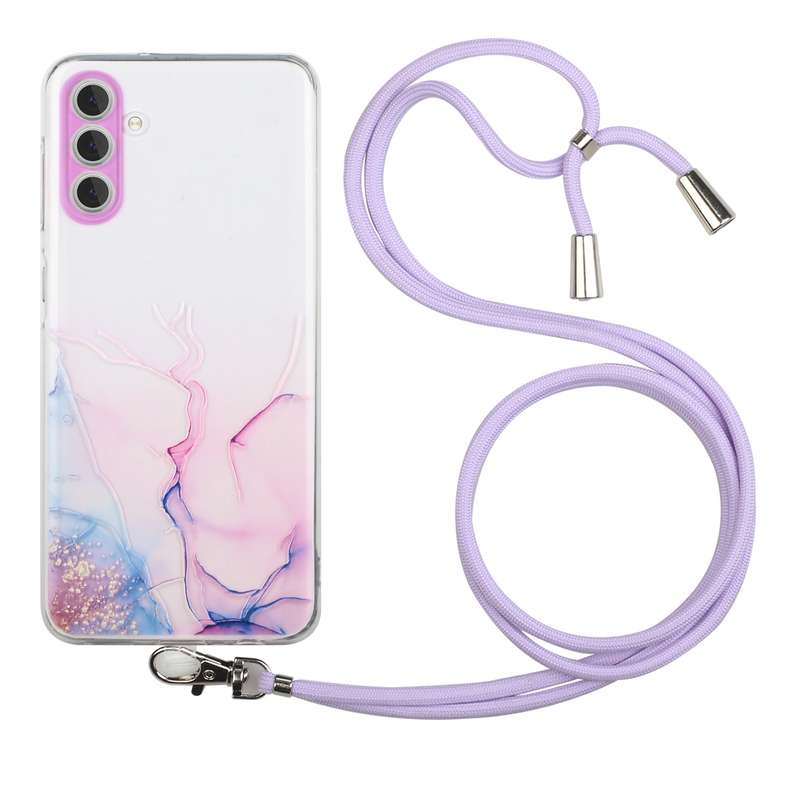 For Samsung Galaxy A34 5G Hollow Marble Pattern TPU Shockproof Phone Case with Neck Strap Rope(Black