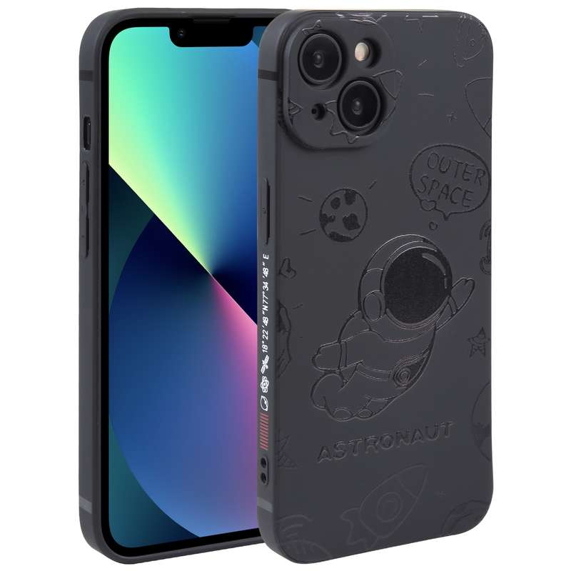For iPhone 13 Astronaut Pattern Silicone Straight Edge Phone Case(Lovely Astronaut-Black)