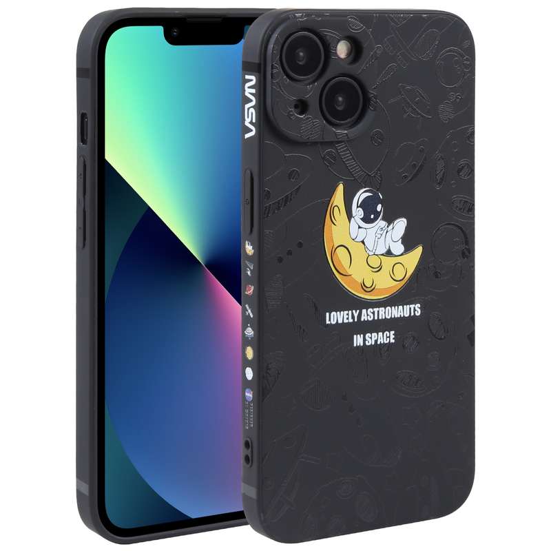 For iPhone 13 Astronaut Pattern Silicone Straight Edge Phone Case(Lovely Astronaut-Black)