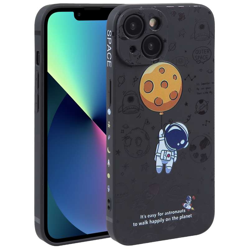 For iPhone 13 Astronaut Pattern Silicone Straight Edge Phone Case(Lovely Astronaut-Black)