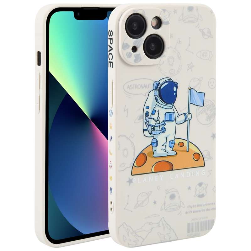 For iPhone 13 Astronaut Pattern Silicone Straight Edge Phone Case(Lovely Astronaut-Black)