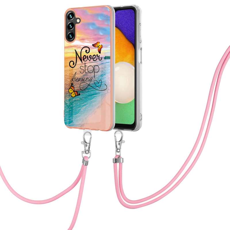 For Samsung Galaxy A34 5G Electroplating IMD TPU Phone Case with Lanyard(Pink Scales)