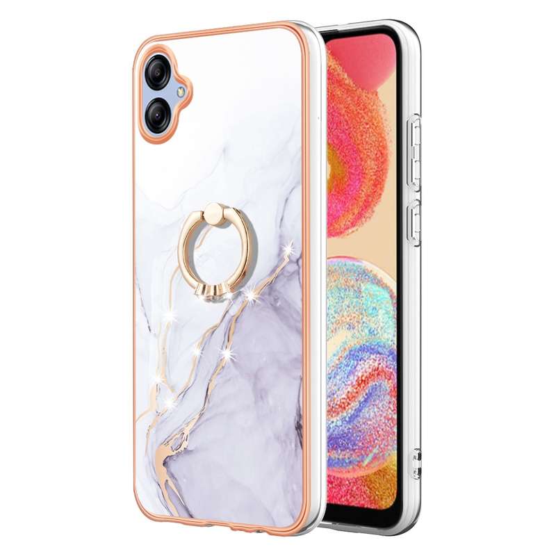 For Samsung Galaxy A04e Electroplating Marble IMD TPU Phone Case with Ring Holder(Purple 001)
