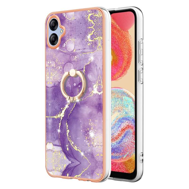 For Samsung Galaxy A04e Electroplating Marble IMD TPU Phone Case with Ring Holder(Purple 001)