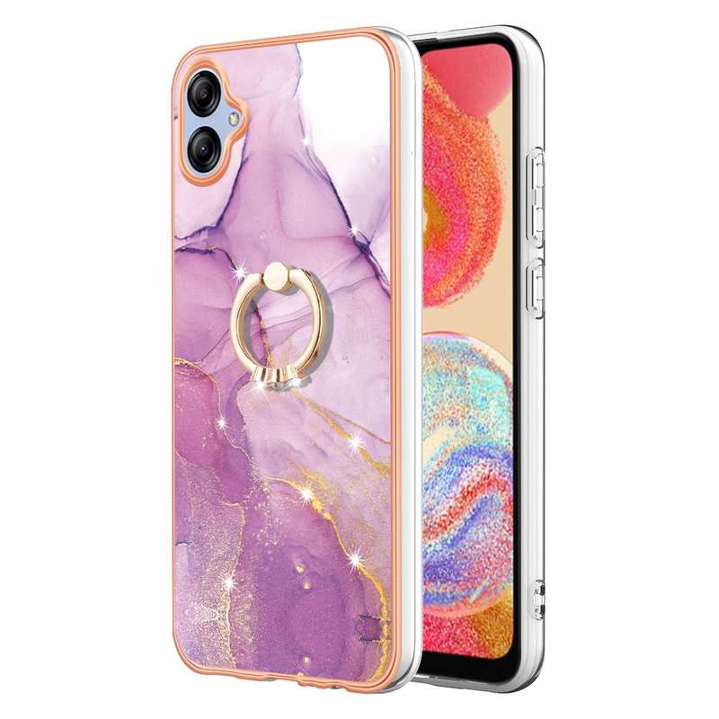 For Samsung Galaxy A04e Electroplating Marble IMD TPU Phone Case with Ring Holder(Purple 001)