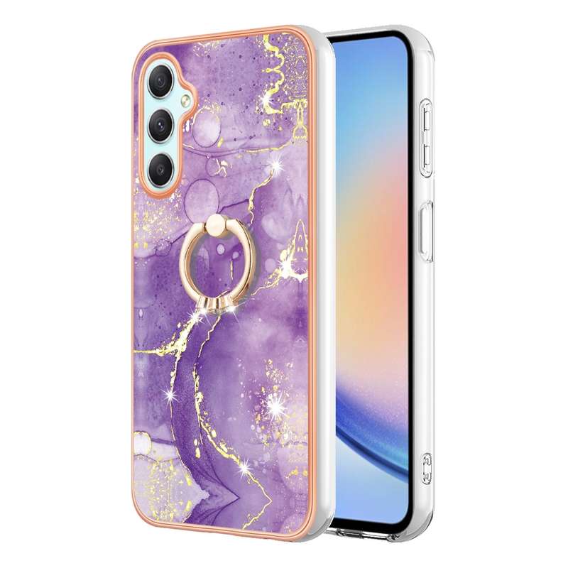 For Samsung Galaxy A24 4G Electroplating Marble IMD TPU Phone Case with Ring Holder(Rose Gold 005)