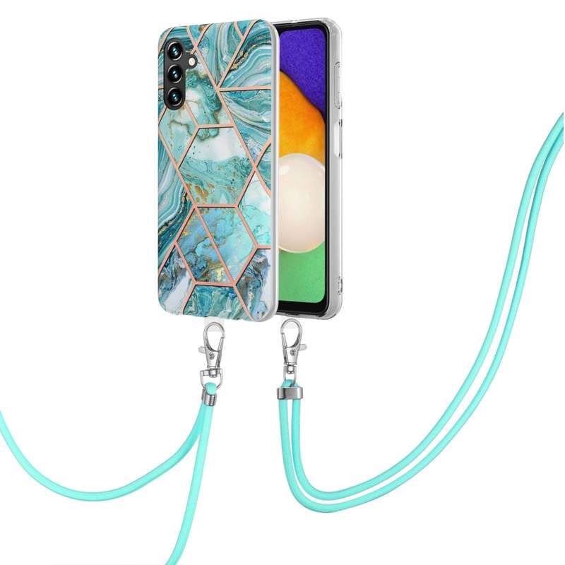 For Samsung Galaxy A54 5G Electroplating IMD Splicing Dual-side Marble TPU Phone Case with Lanyard(P