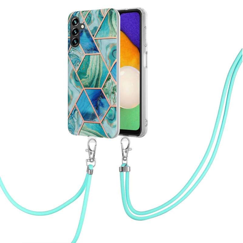 For Samsung Galaxy A54 5G Electroplating IMD Splicing Dual-side Marble TPU Phone Case with Lanyard(P