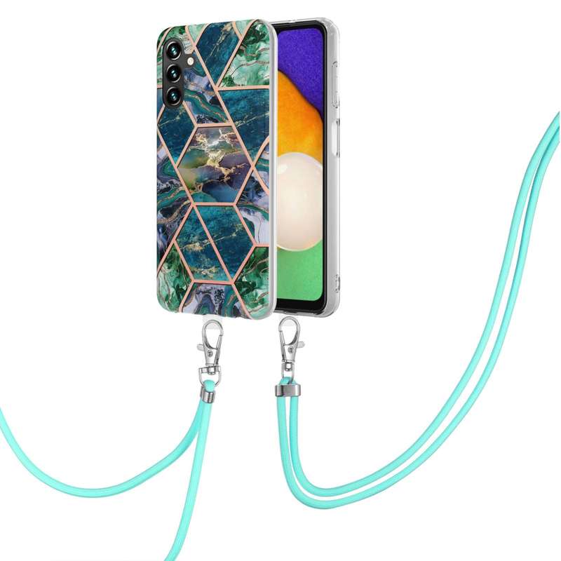 For Samsung Galaxy A54 5G Electroplating IMD Splicing Dual-side Marble TPU Phone Case with Lanyard(P