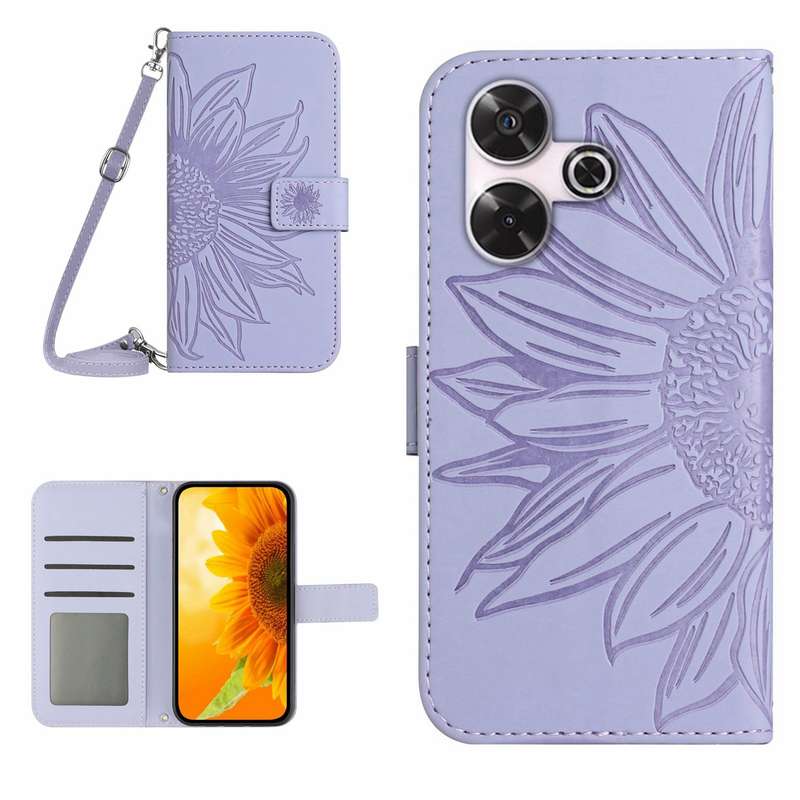 For Xiaomi Redmi 13 4G Global Skin Feel Sun Flower Embossed Flip Leather Phone Case with Lanyar