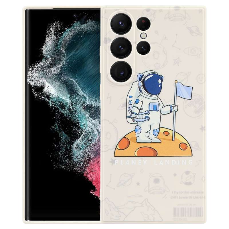 For Samsung Galaxy S22 Ultra 5G Astronaut Pattern Silicone Straight Edge Phone Case(Mars Astronaut-B