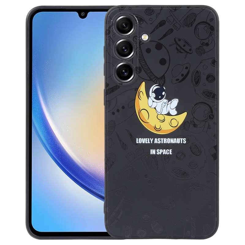 For Samsung Galaxy A34 5G Astronaut Pattern Silicone Straight Edge Phone Case(Flying Astronaut-Black