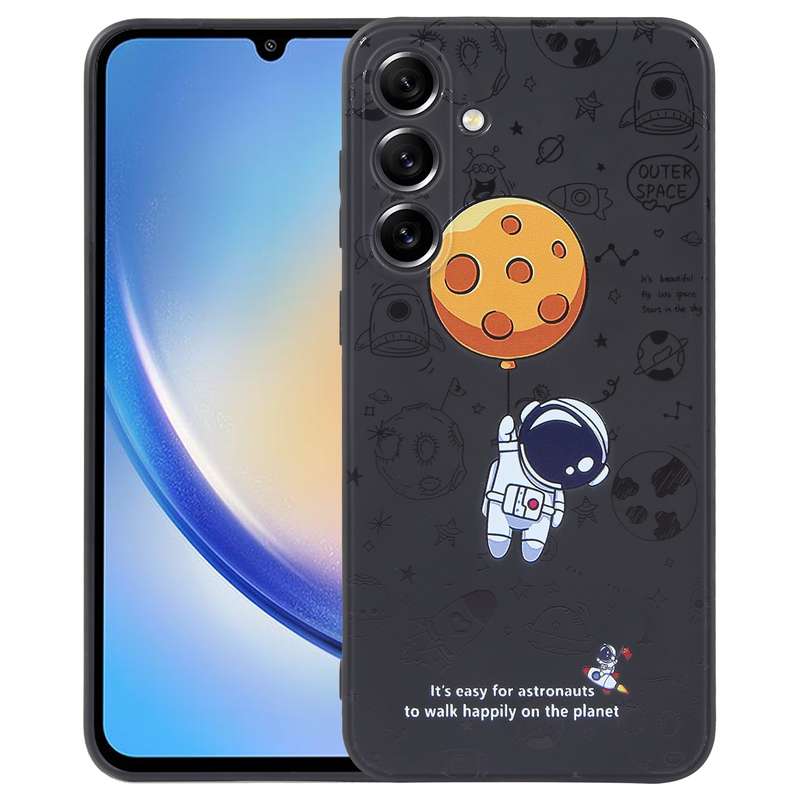 For Samsung Galaxy A34 5G Astronaut Pattern Silicone Straight Edge Phone Case(Flying Astronaut-Black