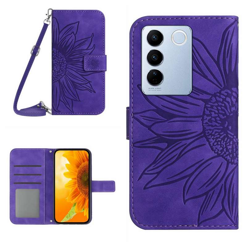 For vivo V27E 4G Global Skin Feel Sun Flower Embossed Flip Leather Phone Case with Lanyard(Pink)
