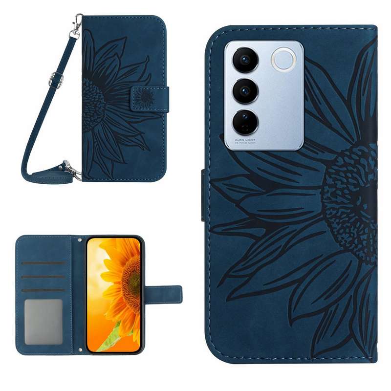 For vivo V27E 4G Global Skin Feel Sun Flower Embossed Flip Leather Phone Case with Lanyard(Pink)