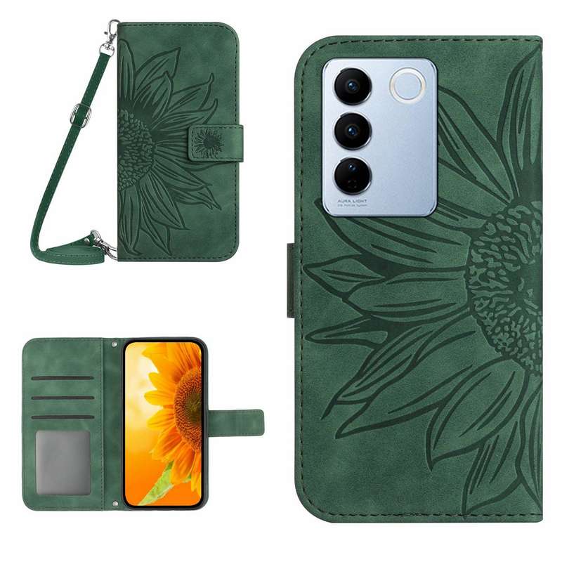 For vivo V27E 4G Global Skin Feel Sun Flower Embossed Flip Leather Phone Case with Lanyard(Pink)