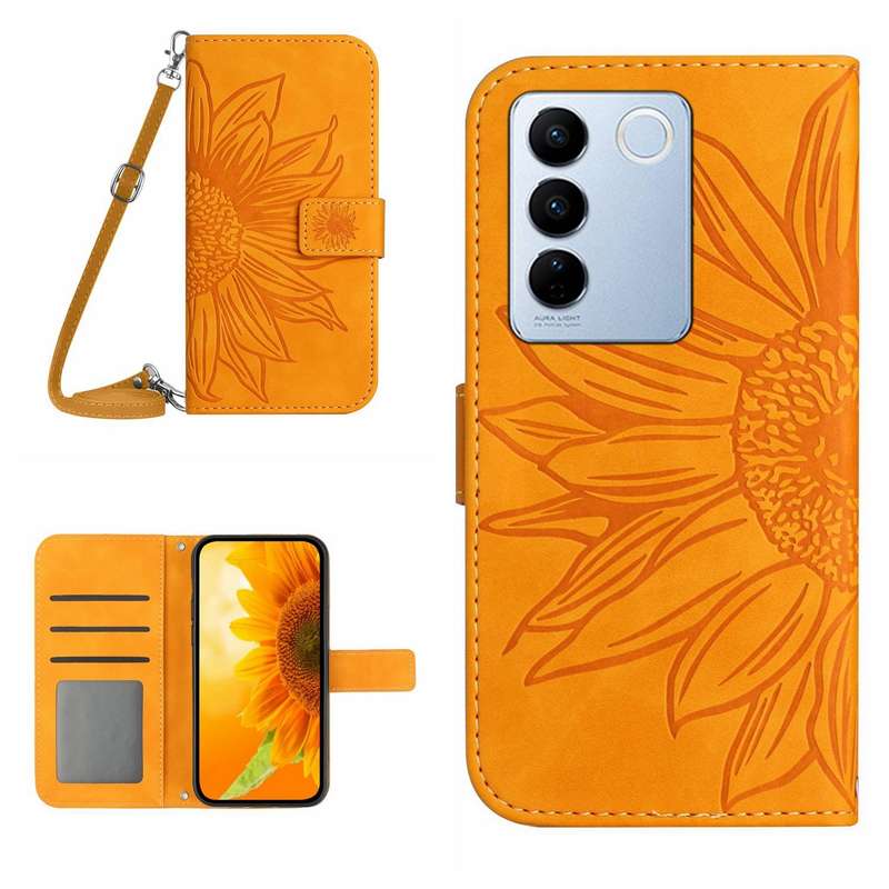 For vivo V27E 4G Global Skin Feel Sun Flower Embossed Flip Leather Phone Case with Lanyard(Pink)