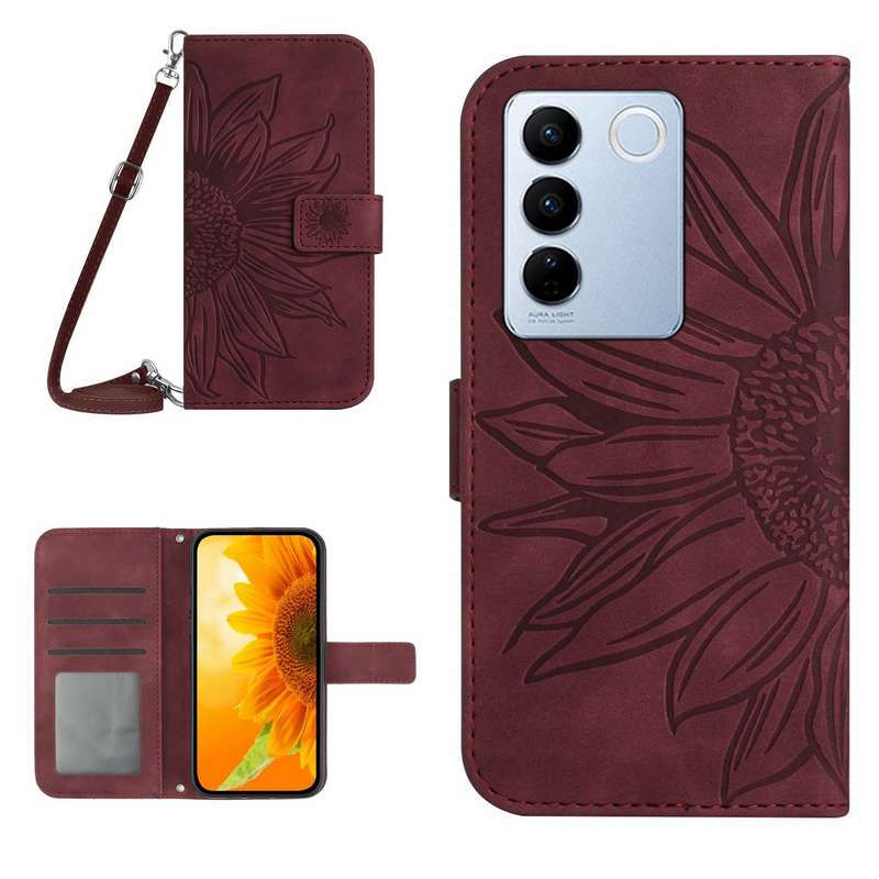 For vivo V27E 4G Global Skin Feel Sun Flower Embossed Flip Leather Phone Case with Lanyard(Pink)