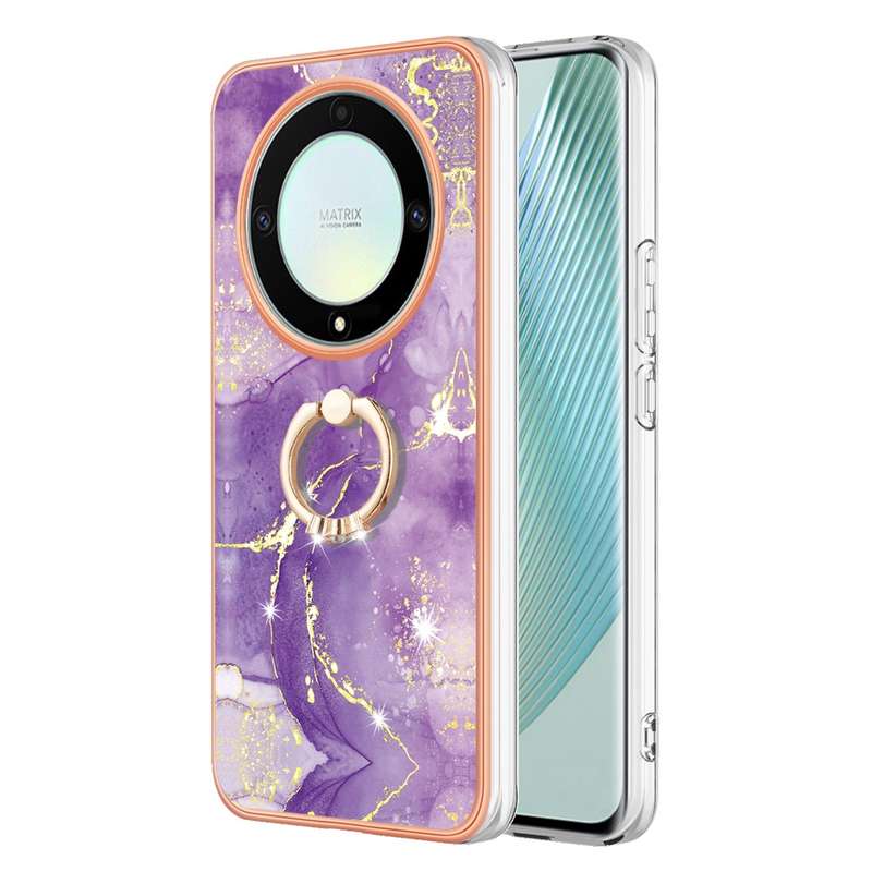 For Honor X9a / Magic5 Lite Electroplating Marble IMD TPU Phone Case with Ring Holder(Purple 001)