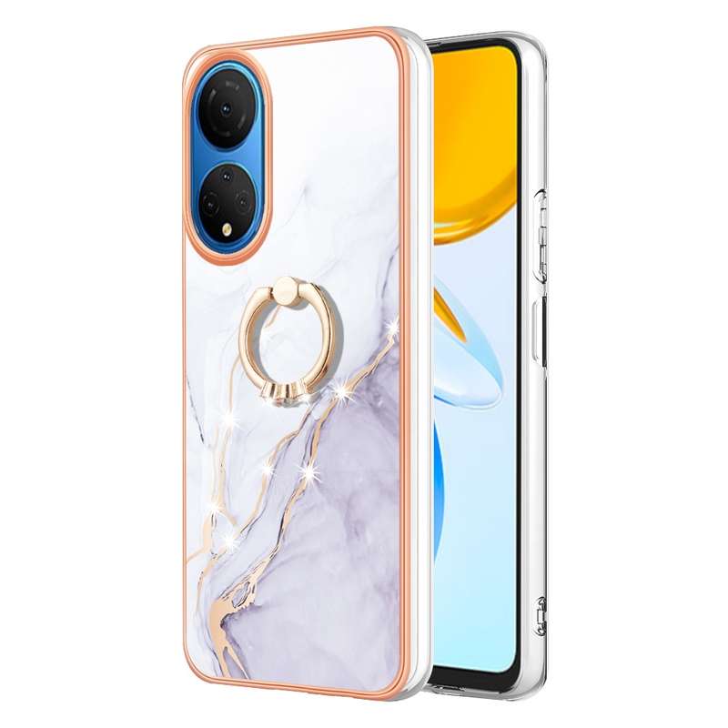 For Honor X7 Electroplating Marble IMD TPU Phone Case with Ring Holder(Rose Gold 005)