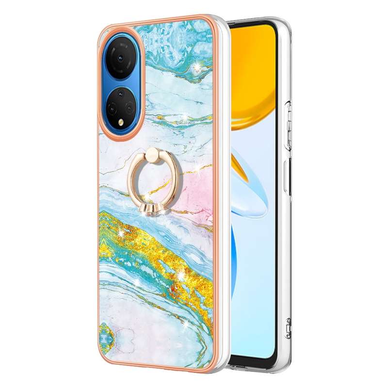 For Honor X7 Electroplating Marble IMD TPU Phone Case with Ring Holder(Rose Gold 005)