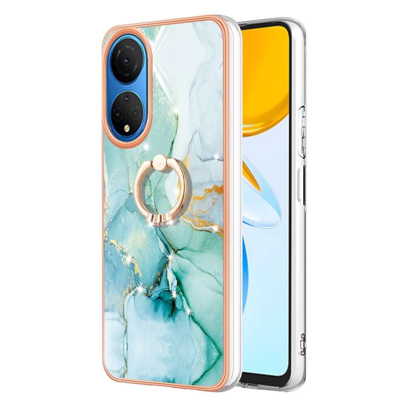 For Honor X7 Electroplating Marble IMD TPU Phone Case with Ring Holder(Rose Gold 005)