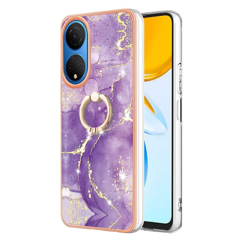 For Honor X7 Electroplating Marble IMD TPU Phone Case with Ring Holder(Rose Gold 005)