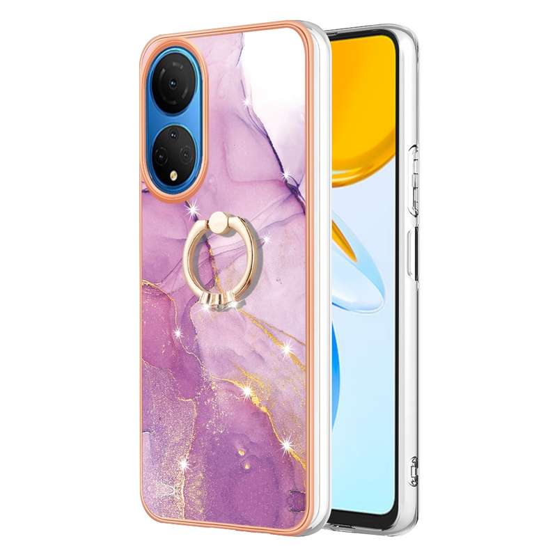 For Honor X7 Electroplating Marble IMD TPU Phone Case with Ring Holder(Rose Gold 005)
