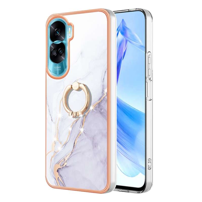 For Honor 90 Lite 5G Electroplating Marble IMD TPU Phone Case with Ring Holder(Green 003)