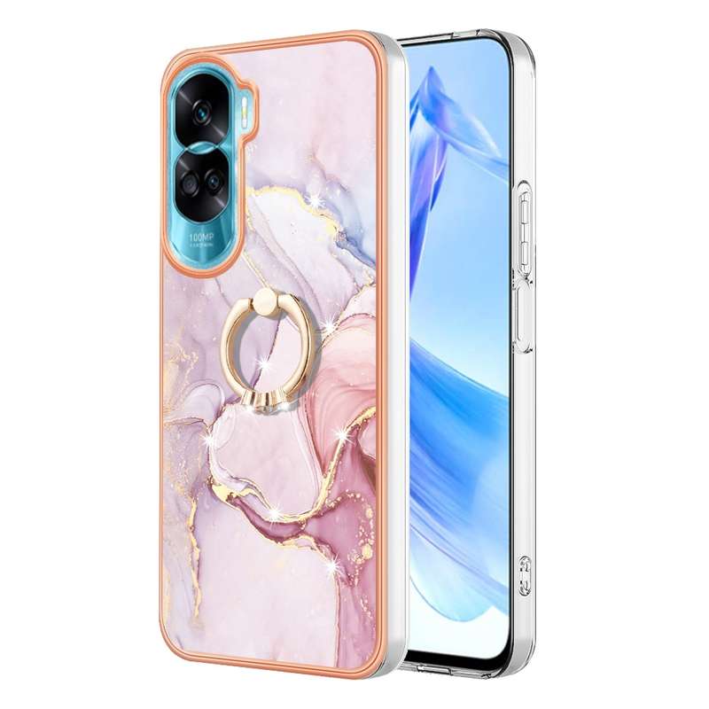 For Honor 90 Lite 5G Electroplating Marble IMD TPU Phone Case with Ring Holder(Green 003)