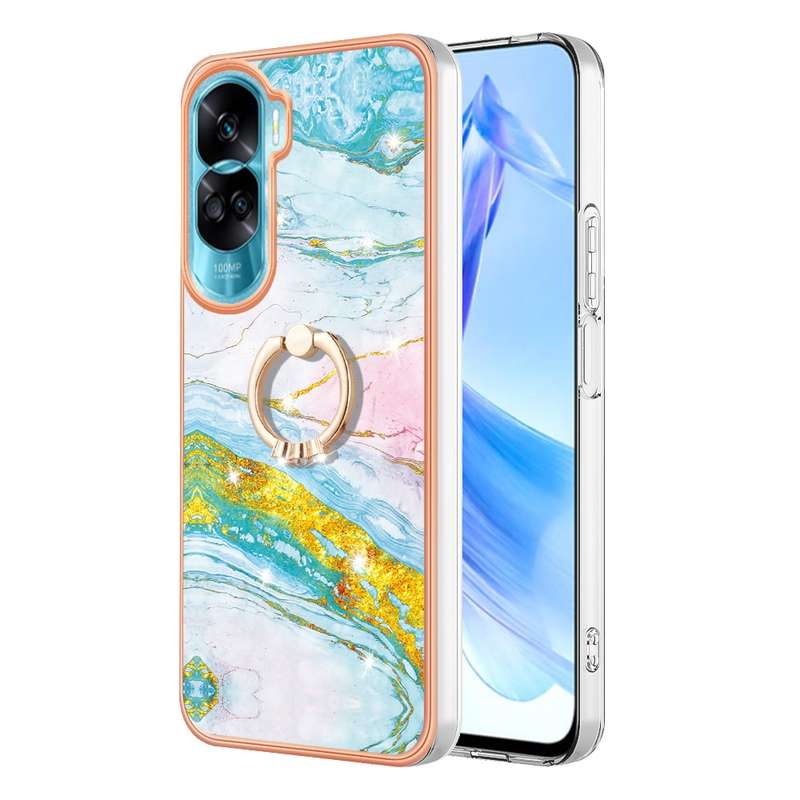For Honor 90 Lite 5G Electroplating Marble IMD TPU Phone Case with Ring Holder(Green 003)