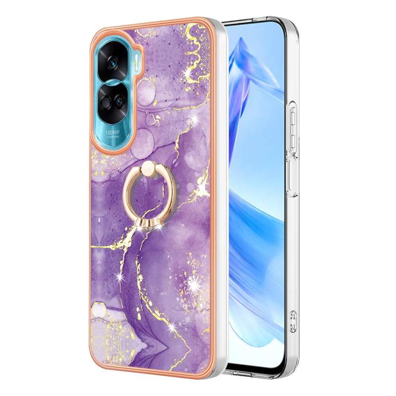 For Honor 90 Lite 5G Electroplating Marble IMD TPU Phone Case with Ring Holder(Green 003)