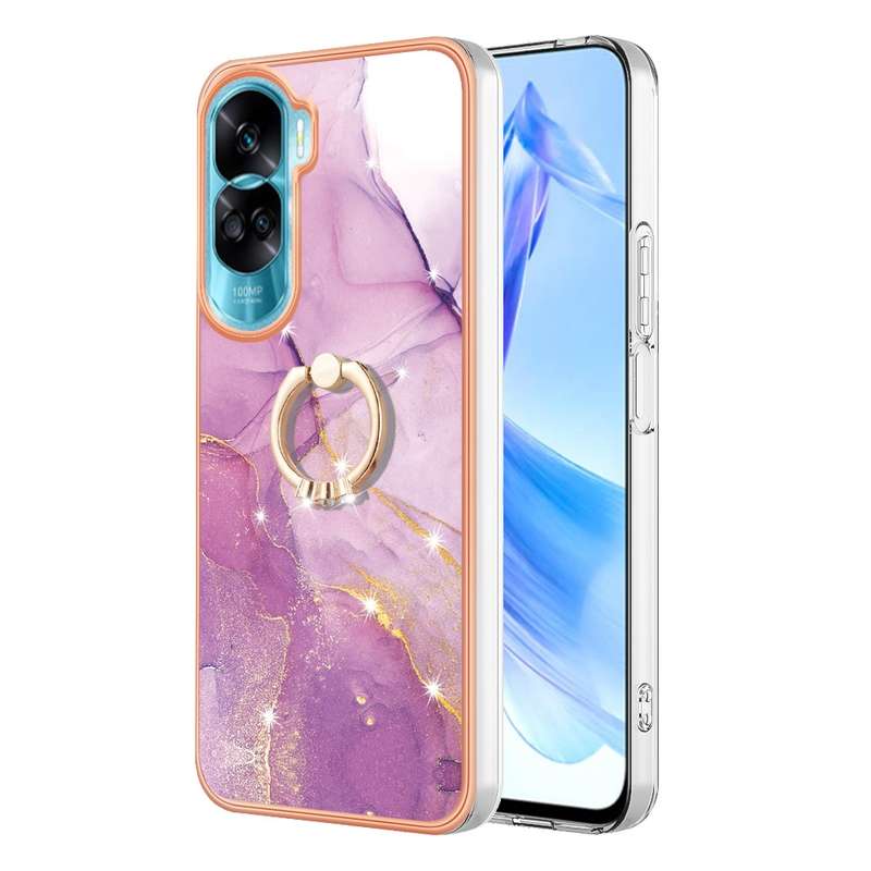 For Honor 90 Lite 5G Electroplating Marble IMD TPU Phone Case with Ring Holder(Green 003)