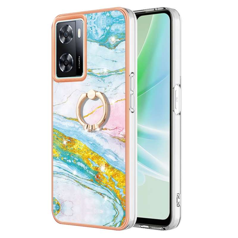 For OPPO A57 4G/A77 5G Taiwan/K10 5G Global Electroplating Marble IMD TPU Phone Case with Ring Holde