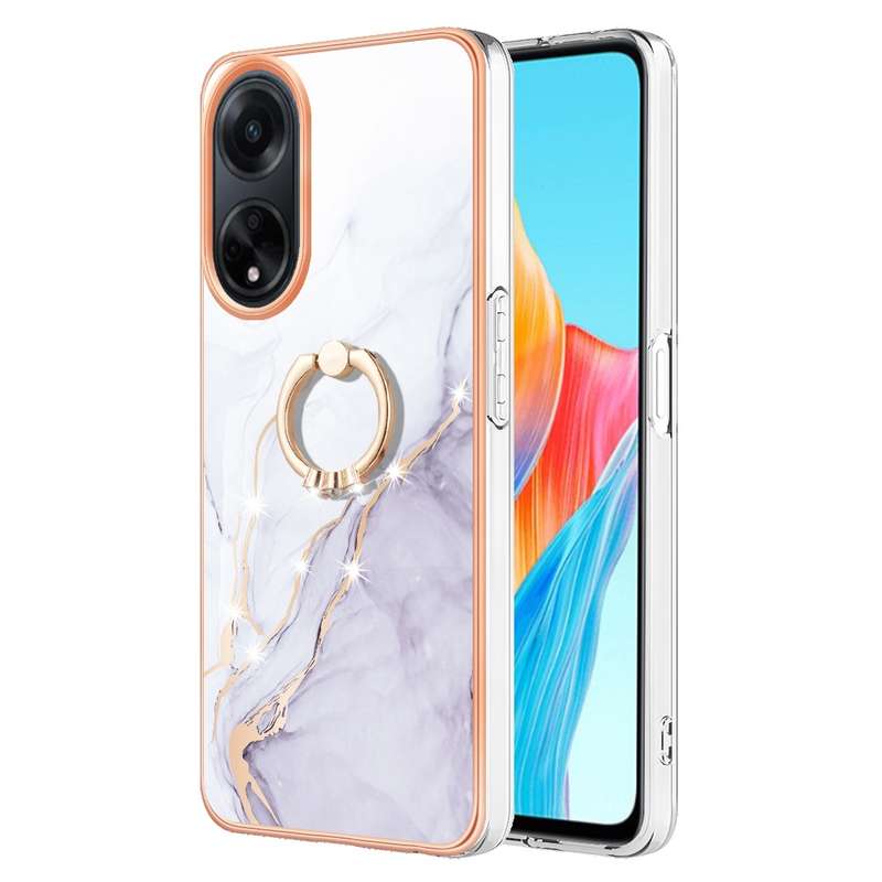 For OPPO A98 Electroplating Marble IMD TPU Phone Case with Ring Holder(Rose Gold 005)