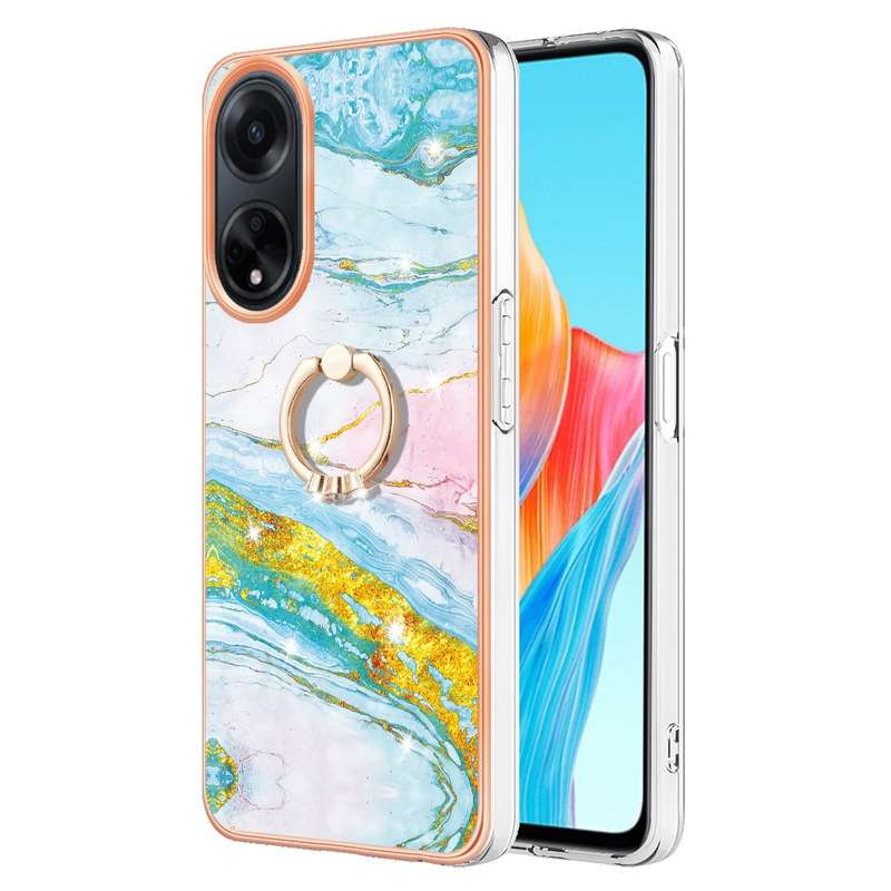 For OPPO A98 Electroplating Marble IMD TPU Phone Case with Ring Holder(Rose Gold 005)