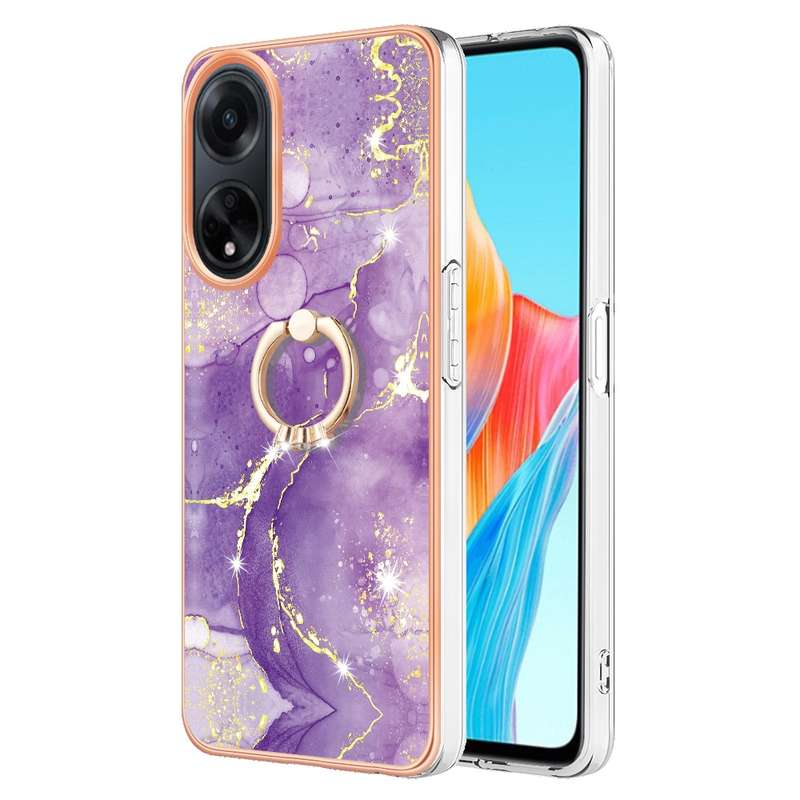 For OPPO A98 Electroplating Marble IMD TPU Phone Case with Ring Holder(Rose Gold 005)