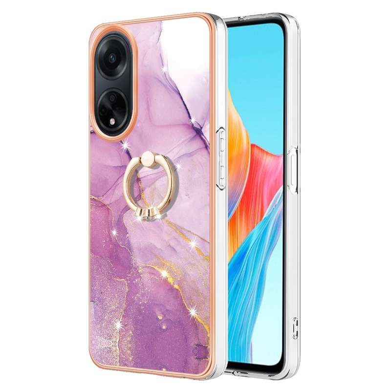 For OPPO A98 Electroplating Marble IMD TPU Phone Case with Ring Holder(Rose Gold 005)