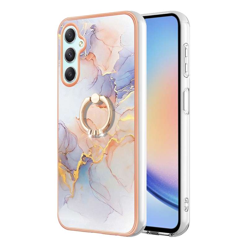 For Samsung Galaxy A24 4G Electroplating IMD TPU Phone Case with Ring(Purple Flower)
