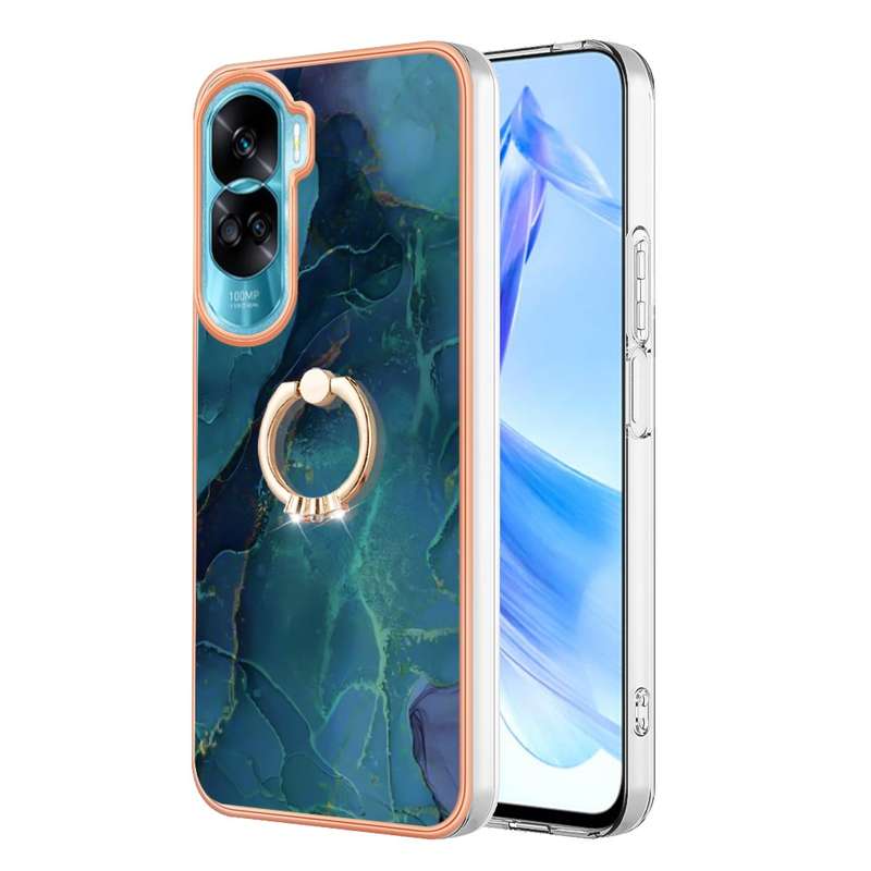 For Honor 90 Lite 5G Electroplating Marble Dual-side IMD Phone Case with Ring(Green 017)